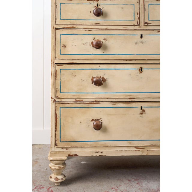 19th Century 19th Century Victorian Two Over Three Painted Pine Chest With Blue Accents For Sale - Image 5 of 13
