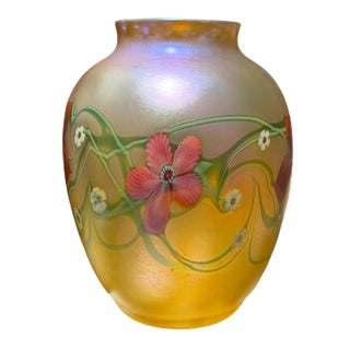 Large Orient & Flume Studio Art Glass Iridescent Flower Vase For Sale