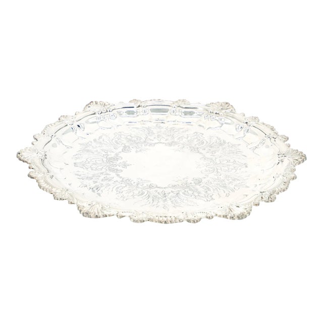 English Sheffield Silver Plate / Engraved Interior Round Serving Tray For Sale