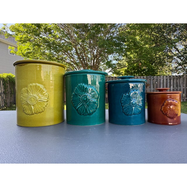 1960s Glazed Ceramic Colorful Pottery Lidded Kitchen Canisters Made in Italy - Set of 4 For Sale - Image 18 of 18
