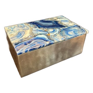 Blue Semiprecious Agate Top and Steel Accessories Box/ Catchall For Sale