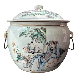 Early 20th C. Chinese Famille Rose Porcelain Lidded Jar/ Pot With Calligraphy For Sale
