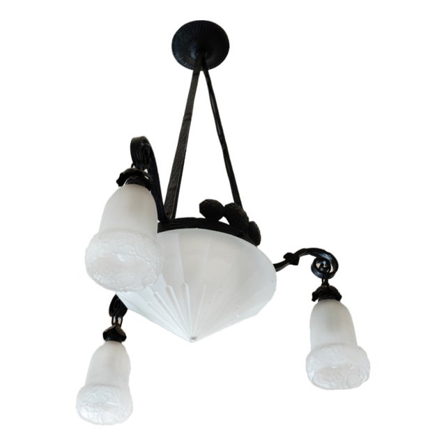 French Provincial Wrought Iron Ceiling Light with Frosted Glass, 1900s For Sale