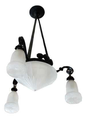 French Provincial Wrought Iron Ceiling Light with Frosted Glass, 1900s