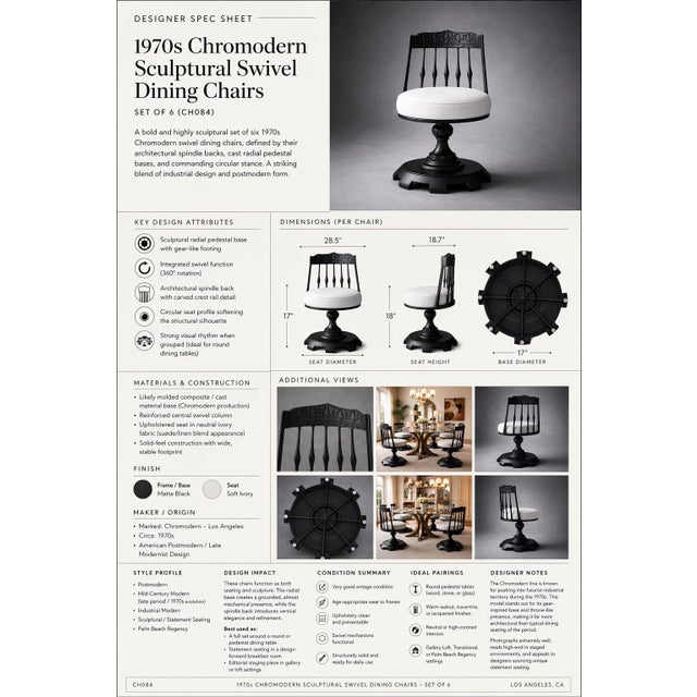 Black 1970s Chromodern Sculptural Swivel Dining Chairs in Matte Black – Set of 6 (Ch084) For Sale - Image 8 of 8