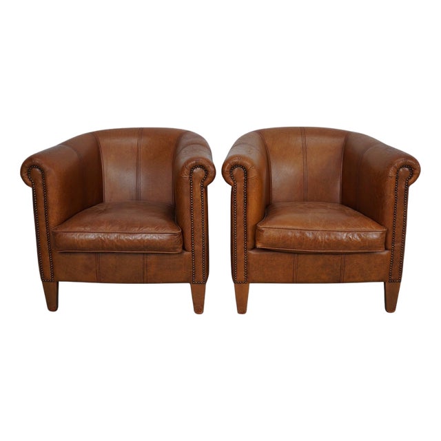 Vintage Dutch Cognac Colored Leather Club Chairs, Set of 2 For Sale