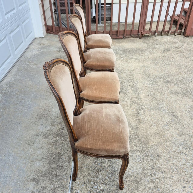 1980s 1980s Chateau d'Ax Louis XV Carved Walnut & Cocoa Velvet Dining Chairs, Assembled Set of 4 For Sale - Image 5 of 15