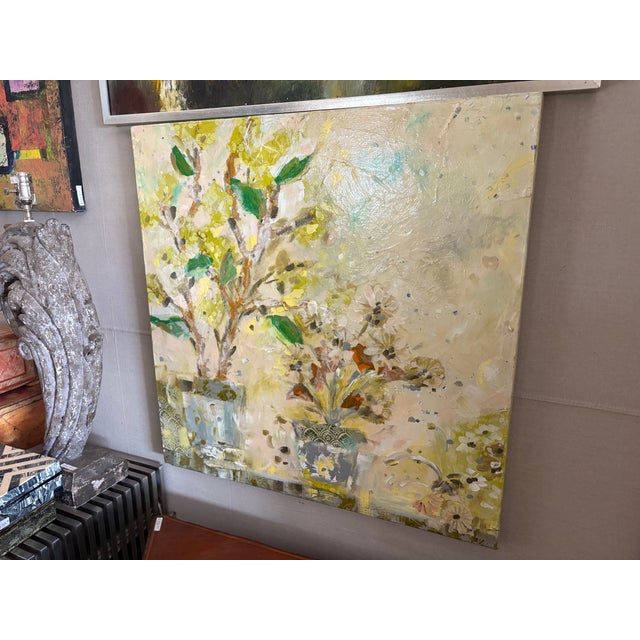 Charming Mixed Media Painting Offered is a lovely mixed media botanic painting on canvas of potted plants and fllowers in...