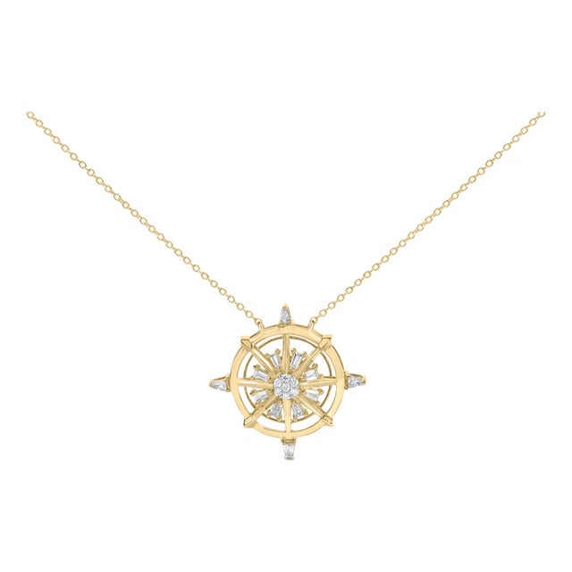 14K Yellow Gold Plated Sterling Silver 1/3 Cttw Diamond Compass Pendant Necklace For Sale
