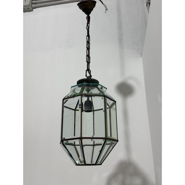 1960s Octagonal Chandelier Lantern in Brass and Beveled Glass in the style of Adolf Loos, 1960 For Sale - Image 5 of 13