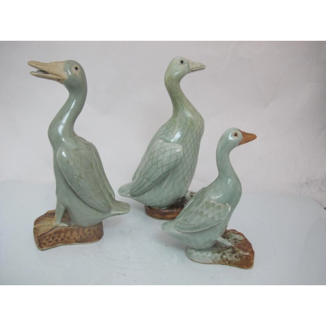 Vintage Chinese Celadon Glazed Porcelain Goose Family Figurine Statue Trio For Sale - Image 10 of 10