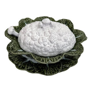 Majolica Cauliflower Soup Tureen With Lid, Ladle and Tray - 4 Pieces For Sale