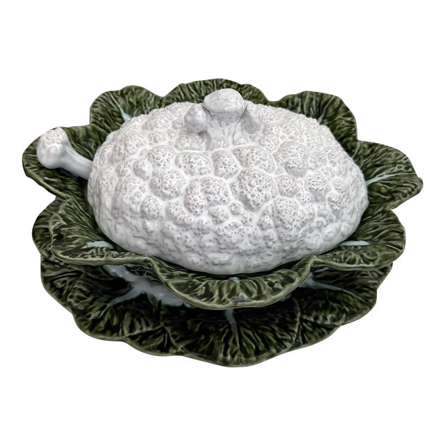 Majolica Cauliflower Soup Tureen With Lid, Ladle and Tray - 4 Pieces For Sale