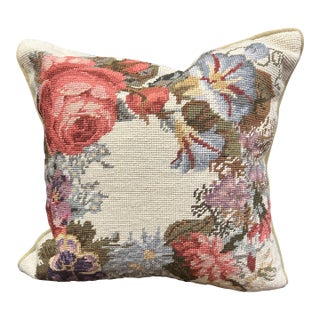 Pretty Vintage Wool Floral Needlepoint Pillow With Velvet Back For Sale