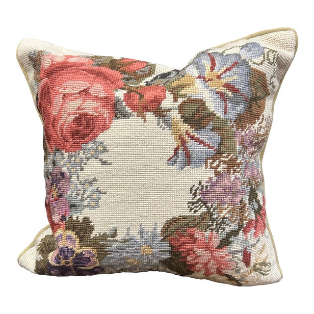 Pretty Vintage Wool Floral Needlepoint Pillow With Velvet Back For Sale