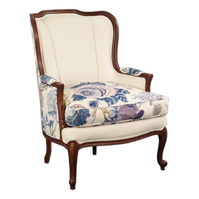 Schumacher Linen Accent Chair on Restored Vintage Ethan Allen Camille Bergere With Linen For Sale