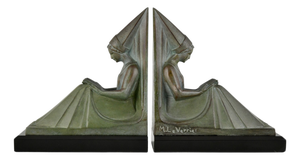 Art Deco Bookends with Reading Medieval Ladies by Max Le Verrier, 1930s, Set of 2