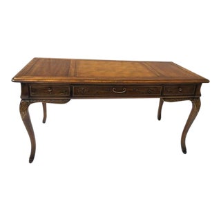 1970s Drexel French Writing Desk Hand-Painted Chinoiserie Embossed Leather Top For Sale