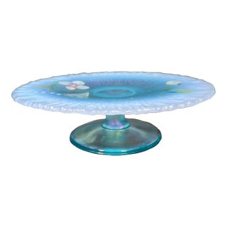 Late 20th Century Fenton Aquamarine Opalescent Glass Candle/Cake Plate For Sale
