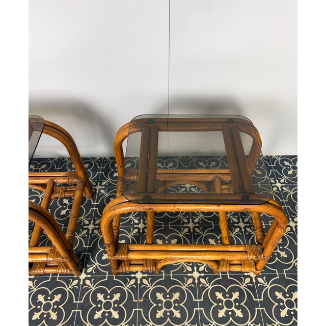 Mid-Century Modern Italian Bamboo and Rattan Side Tables with Smoked Glass, 1950s, Set of 2 For Sale - Image 10 of 18