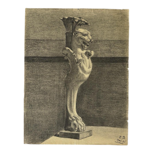French Neoclassical Study of a Roman Lion Head Monopodium, Signed (1935, Charcoal on Wove Paper)