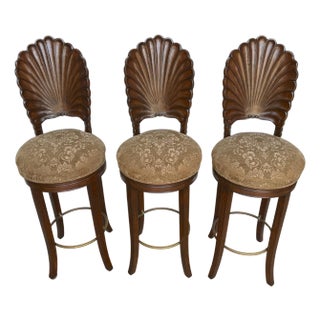 Set of Three Italian Carved Fruitwood Shell-Back Grotto Bar Stools, circa 1980 For Sale