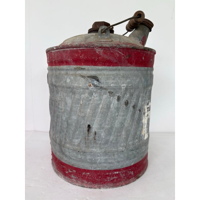 Farmhouse Vintage Galvanized Metal Oil Can With Red Bands & Wooden Handle, C. 1930s–1940s For Sale - Image 3 of 8