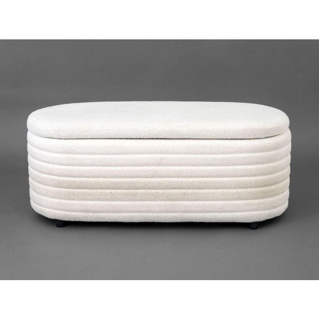 Contemporary White Boucle Upholstered Storage Bench, Chairus Inc. label to underside. 18" H x 44" W x 16.5" D. Provenance:...