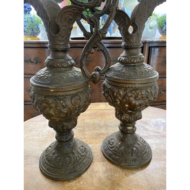 Antique Guilded Cast Brass or Bronze Ornate Renaissance Ewers / Pitchers- a Pair For Sale - Image 9 of 12