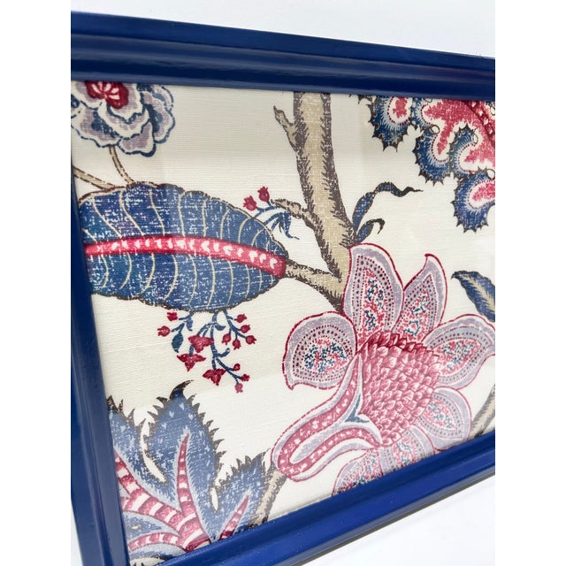 Vintage Blue Lacquer Serving Tray With Brass Handles & Laura Ashley Floral Fabric Liner For Sale - Image 4 of 12