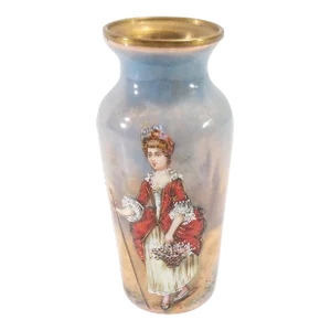 19th Century French Limoges Enamel on Copper Vase With Victorian Lady, Signed
