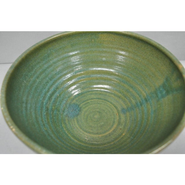 Vintage Primitive Green Glazed Ceramic Pottery Large Mixing Bowl W Handle For Sale - Image 14 of 18