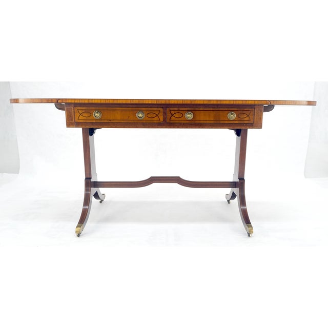 Late 20th Century Yew Wood Drop Leaves Two Drawers Low Profile Brass Feet Desk Console Table MINT For Sale - Image 5 of 18