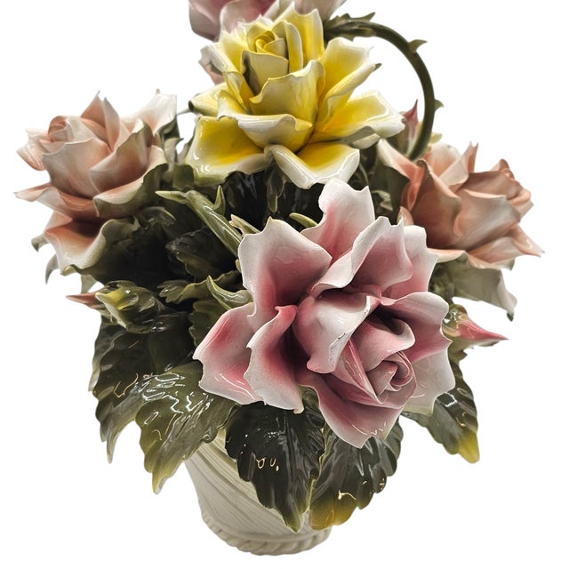 Italian Handcrafted Porcelain Rose Basket Centerpiece – Blush & Yellow Floral Sculpture For Sale - Image 12 of 15