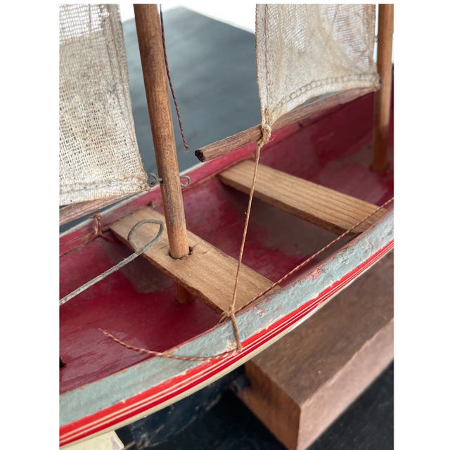Antique Hand-Carved Wooden Ship Model With Linen Sails, Folk Art For Sale - Image 10 of 13