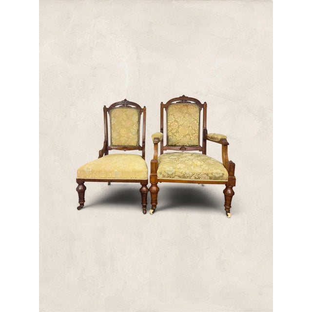 Antique English Eastlake "His and Hers" Walnut Parlor Chairs For Sale - Image 4 of 11