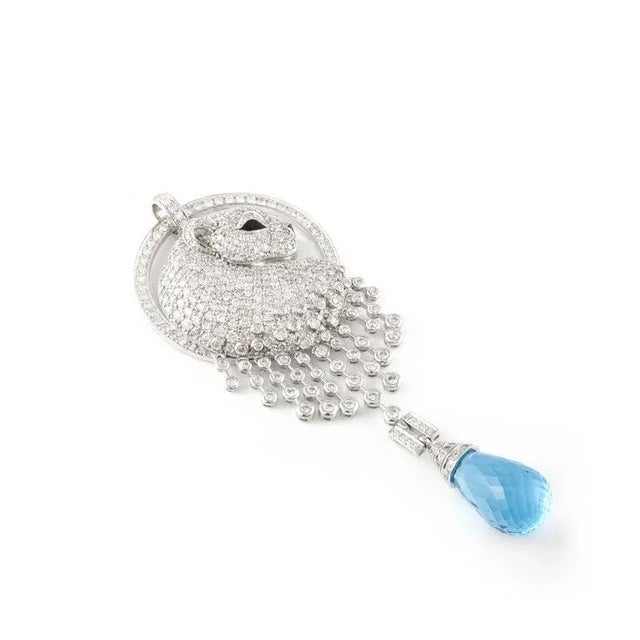 Metal 5.1ct Diamond Panther Pendant in 14k White Gold With 16.67ct Blue Topaz For Sale - Image 7 of 12