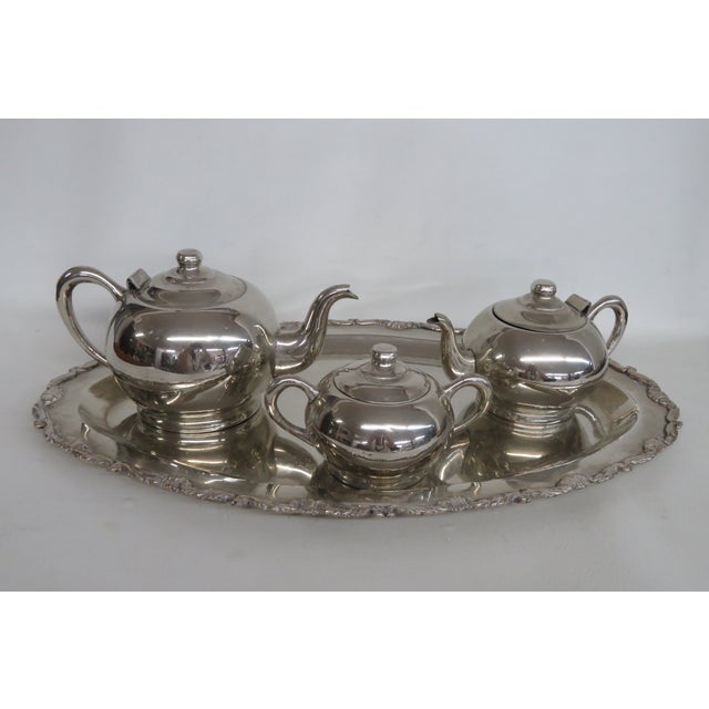 Art Deco Silver Plated Tea Tray Set With 2 Teapots and Lidded Sugar Bowl 4989b For Sale In Miami - Image 6 of 9