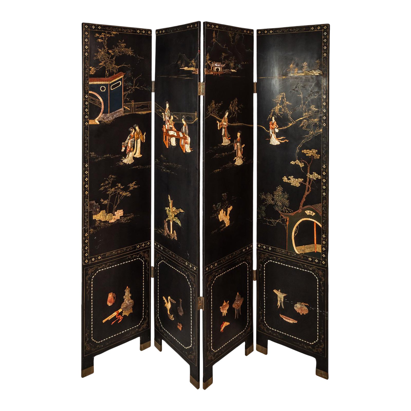 Antique Chinese Black Lacquered Four Panel Folding Screen Room