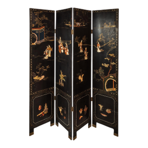 Antique Chinese Black Lacquered Four Panel Folding Screen Room Divider With Carved Hardstone, China, Circa 1950s