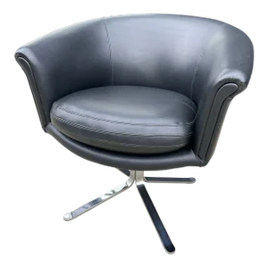 Lennart Bender Black Leather Swivel Chair — 1970s Swedish Mid-Century Modern Sculptural Lounge Chair
