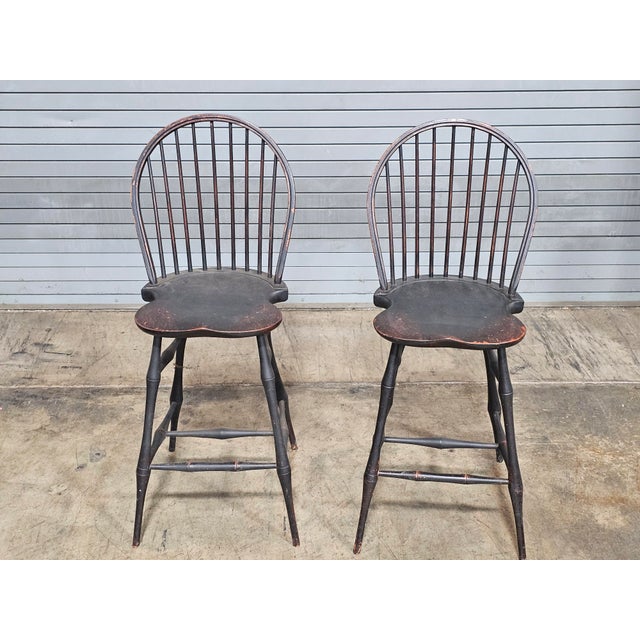 Store Item: Pair of Bench Made Black Windsor Chair Tall Stools by David T. Smith of Ohio Description: Each Tall Stool...