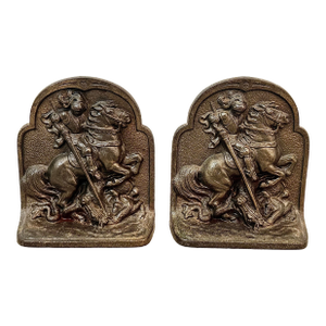 Antique 1925 Hubley #312 Cast Iron, Bronze-Clad Bookend in Bas-Relief Depicting the Legend of Saint George Slaying the Dragon