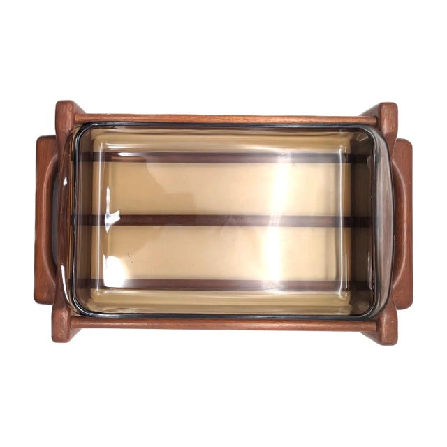 Chestnut 1970s Teak Wood Casserole Cradle With Smoke Brown Glass Baking Pan, 2 Piece Set For Sale - Image 8 of 11