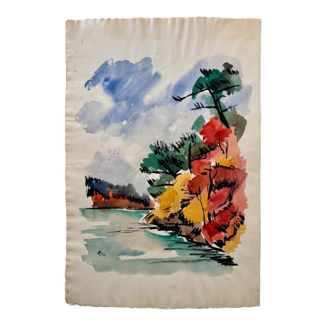 Henry Emil Salloch Original Watercolor on Paper Vivid Autumn Lakeside Scene, 1963 For Sale
