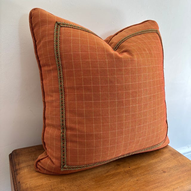 Vintage down-filled rust orange pillow with a green trim detail. Please see condition details noted. Most items found at...