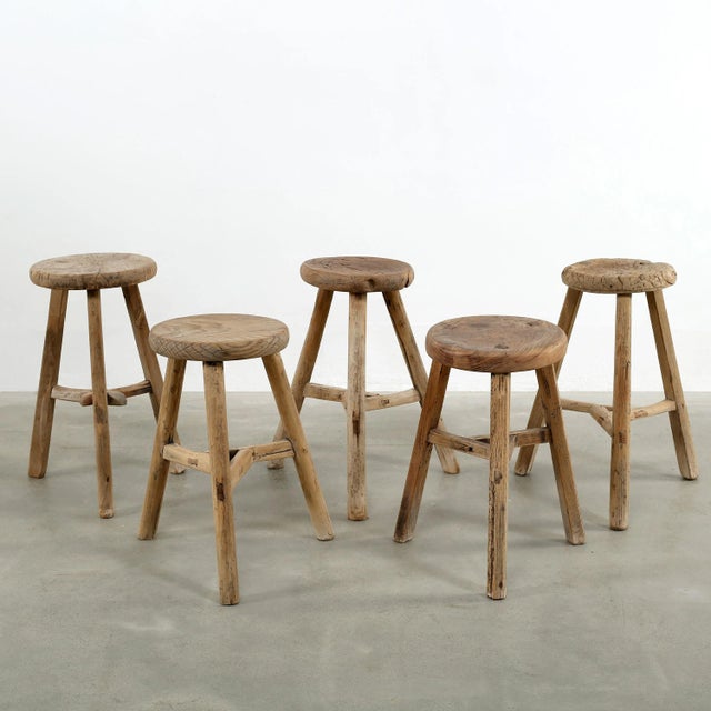 Mid-Century Vintage Natural Wood Round Low Stool For Sale - Image 4 of 5