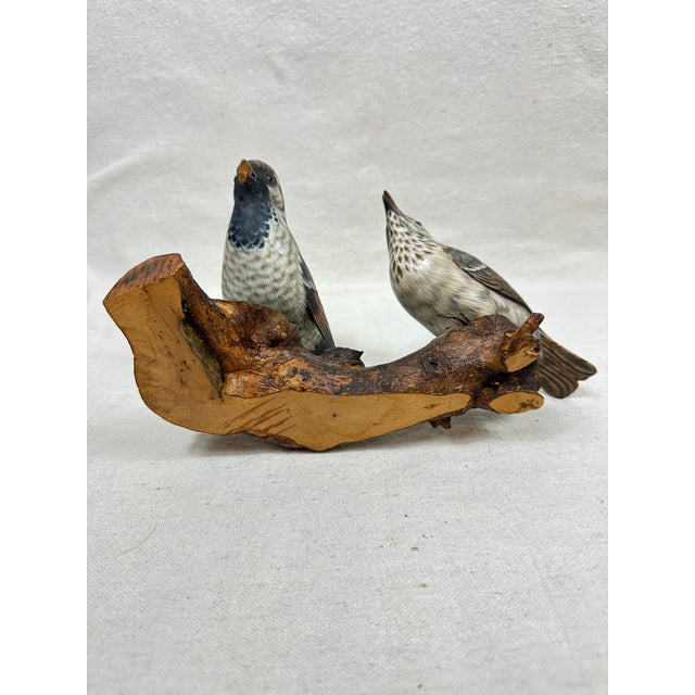 Vintage Hand-Carved & Painted Wooden House Sparrow Bird Sculpture on Driftwood Base For Sale - Image 12 of 12