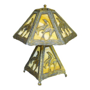 1980s Native American Indian End of Trail Caramel Slag Stained Glass Shade Table Lamp