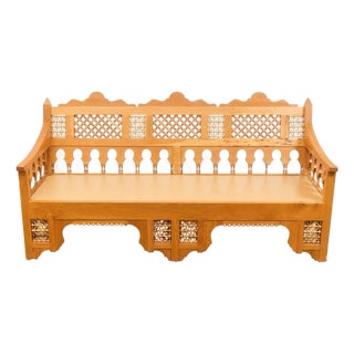 Mid 20th Century Beautiful Moroccan Unstained Hand Carved Wooden Sofa With Moucharabieh Paneling For Sale